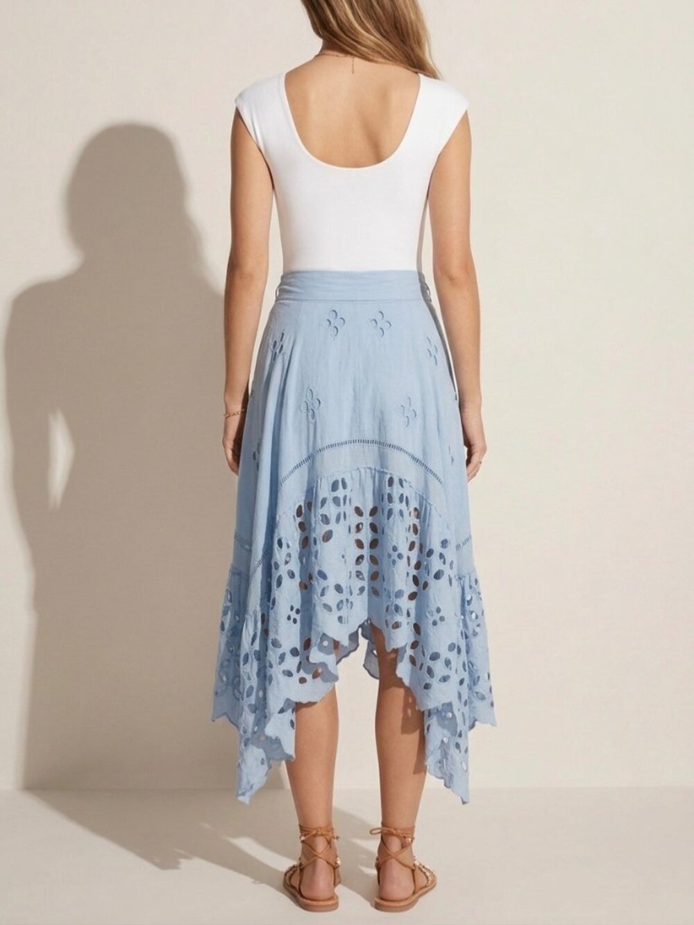 Free People Blue Eyelet Tie Waist Midi Wrap Skirt L | Coastal Boho Cottagecore - Picture 6 of 16